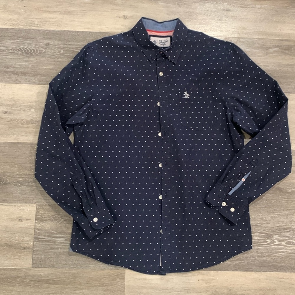 Penguin men’s button-down navy dress shirt white stars medium